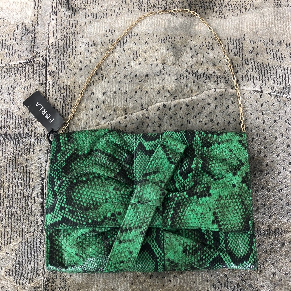 FURLA Green Snakeskin Print Clutch
